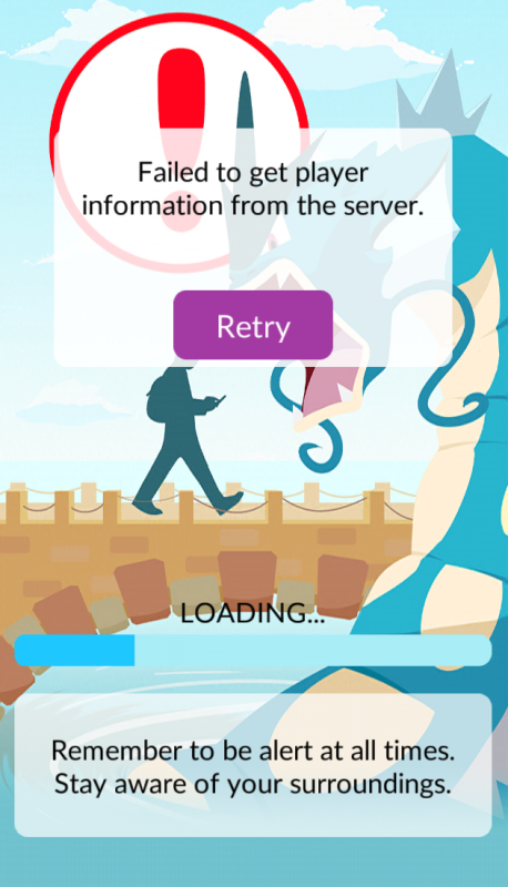 A screenshot of the Pokemon Go App displaying an error saying "Failed to get player information from the server."
