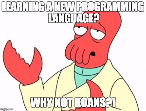 Cartoon image with the words: Learning a new programming language? Why not koans?