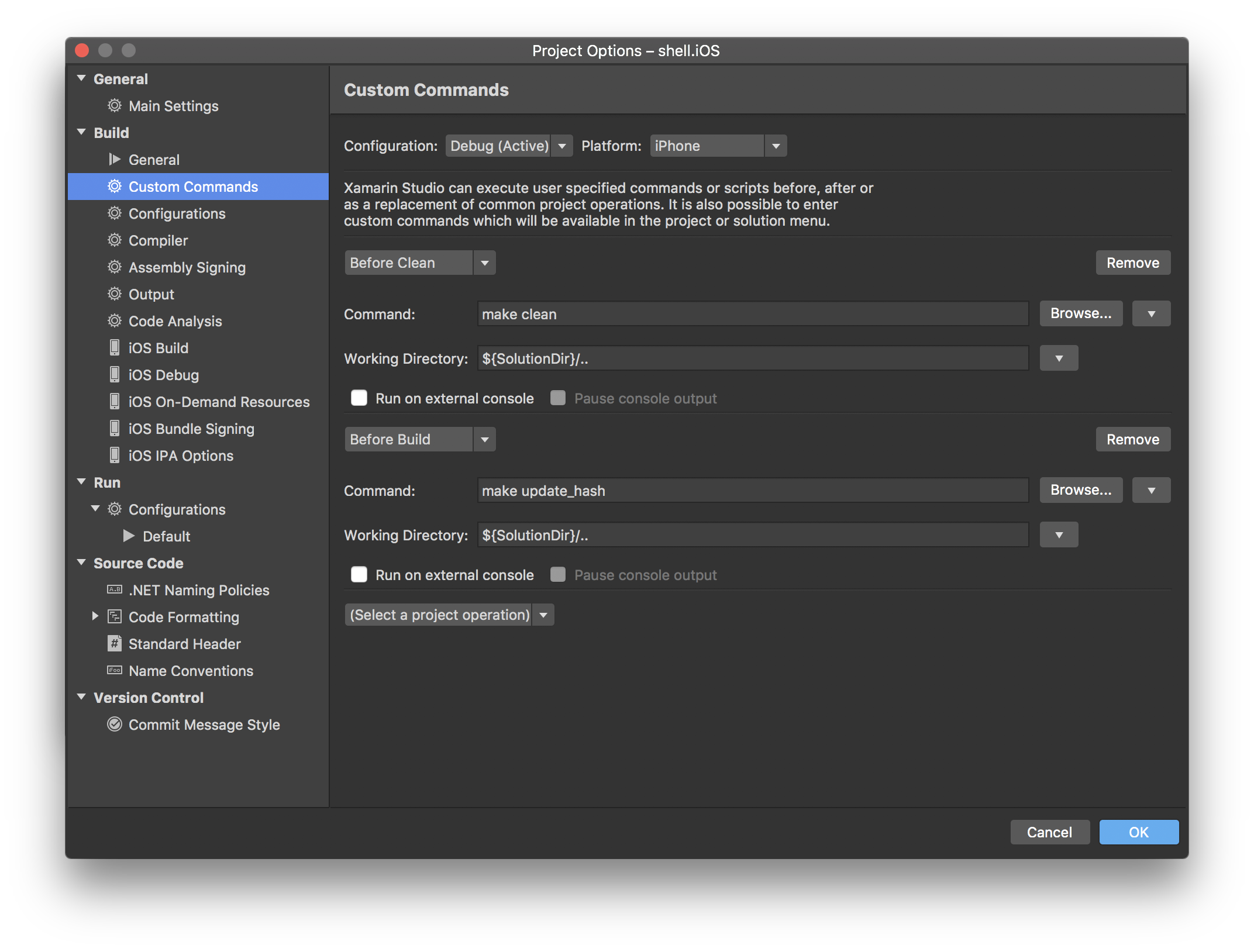 Screenshot of custom commands