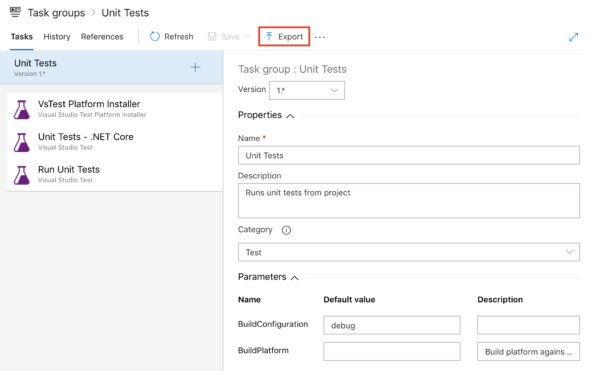 Image showing where to find the Export button in Azure DevOps