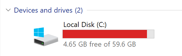 A snip from the Windows Explorer "This PC" view. Local Disk (C:) has only 4.68 GB free and the space indicator bar is dangerously red.