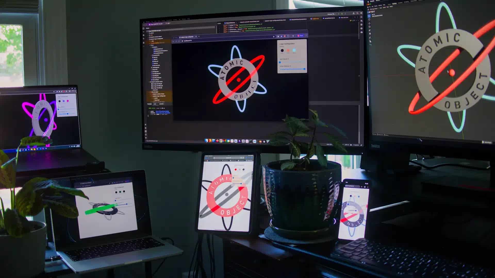 Monitors showing Atomic Object's logo. Post title: Build a 3D Product Configurator with Babylon.js