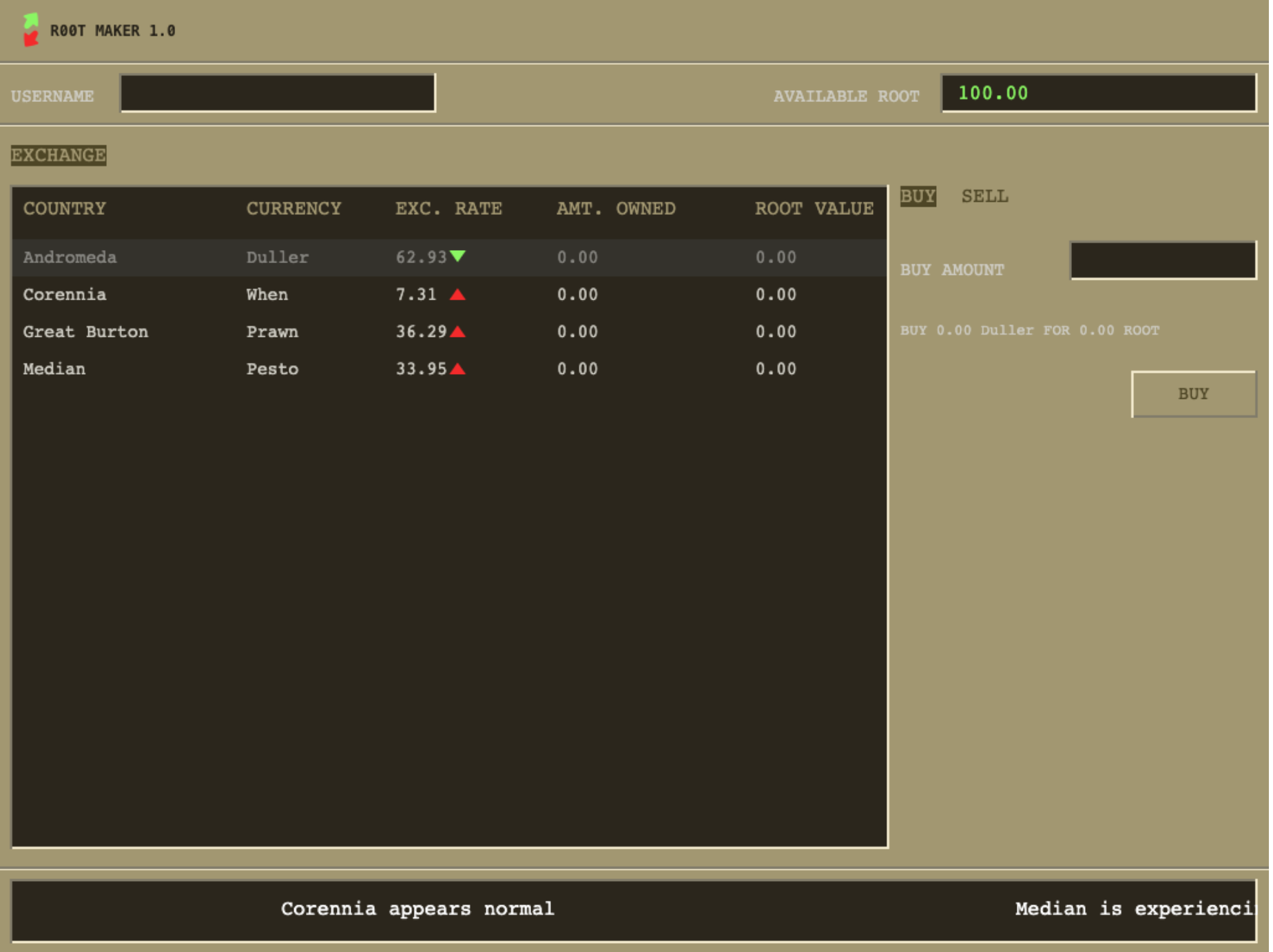 The trading screen of Root Maker 1.0