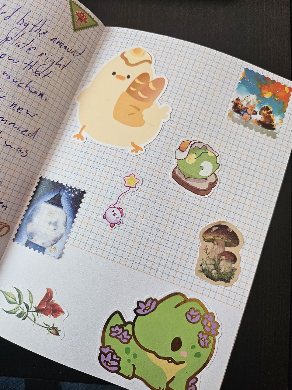 A page of stickers. From left to right, top to bottom, we have a baby chick carrying bagguettes, a watercolor style girl sharing acorns with a chipmunk, a frog with a fried egg on it's head on top of a piece of toast, a chicken with star shaped balloon, some mushrooms, a glowing orb house that looks like the moon, a poinsetta, and a dinosaur with flowers on it.