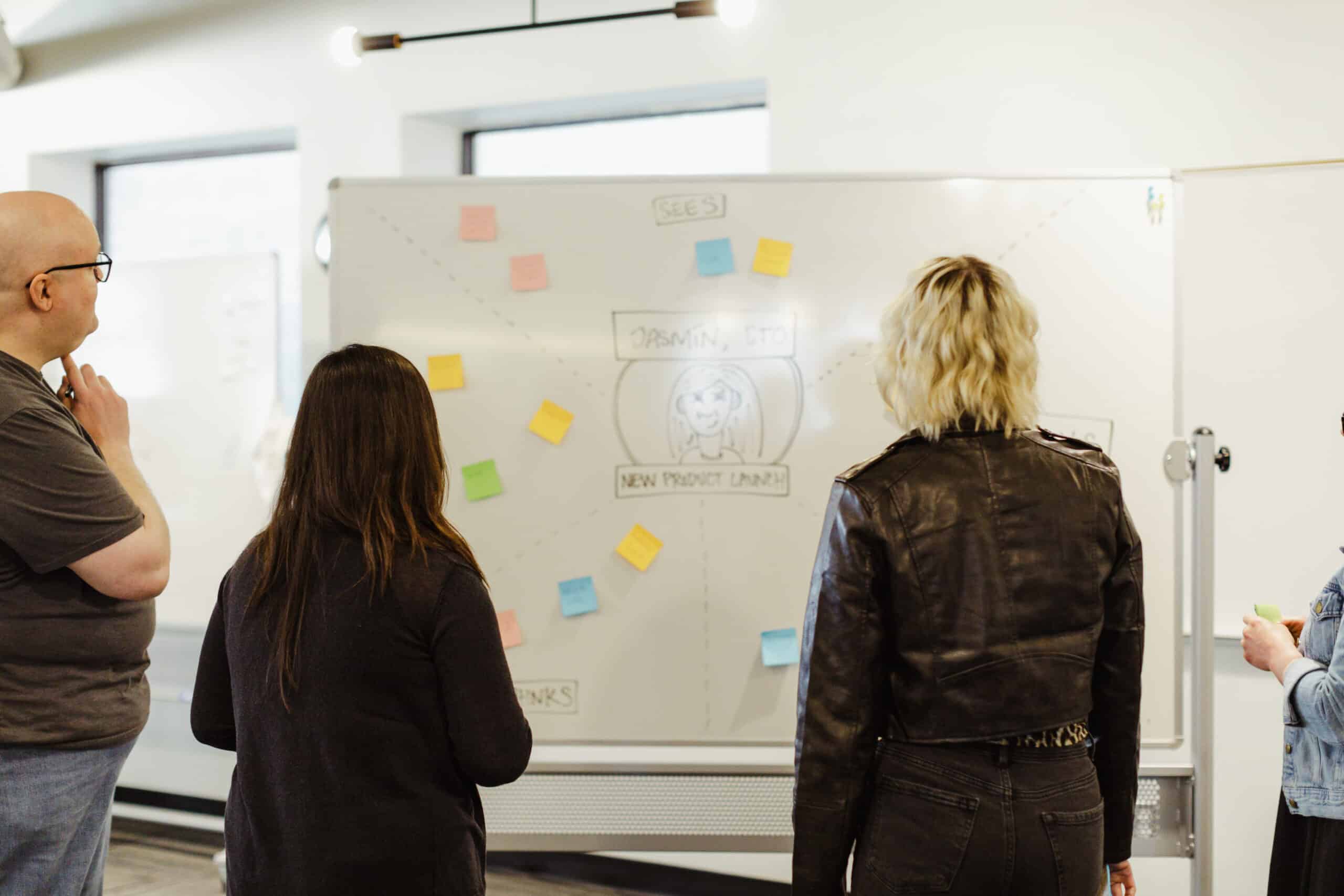 Three developers at a whiteboard. Post title: What Constitutes a Meal? What Constitutes an Active User?