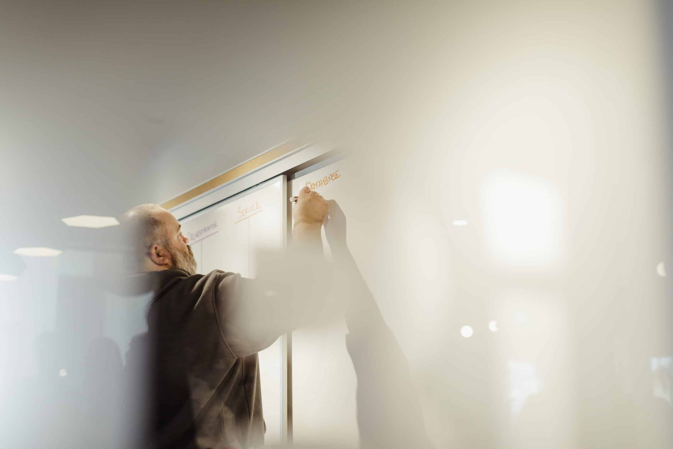 A developer writing on a whiteboard. Post title: Whiteboard Interviews: Testing for Competency, not Memorization