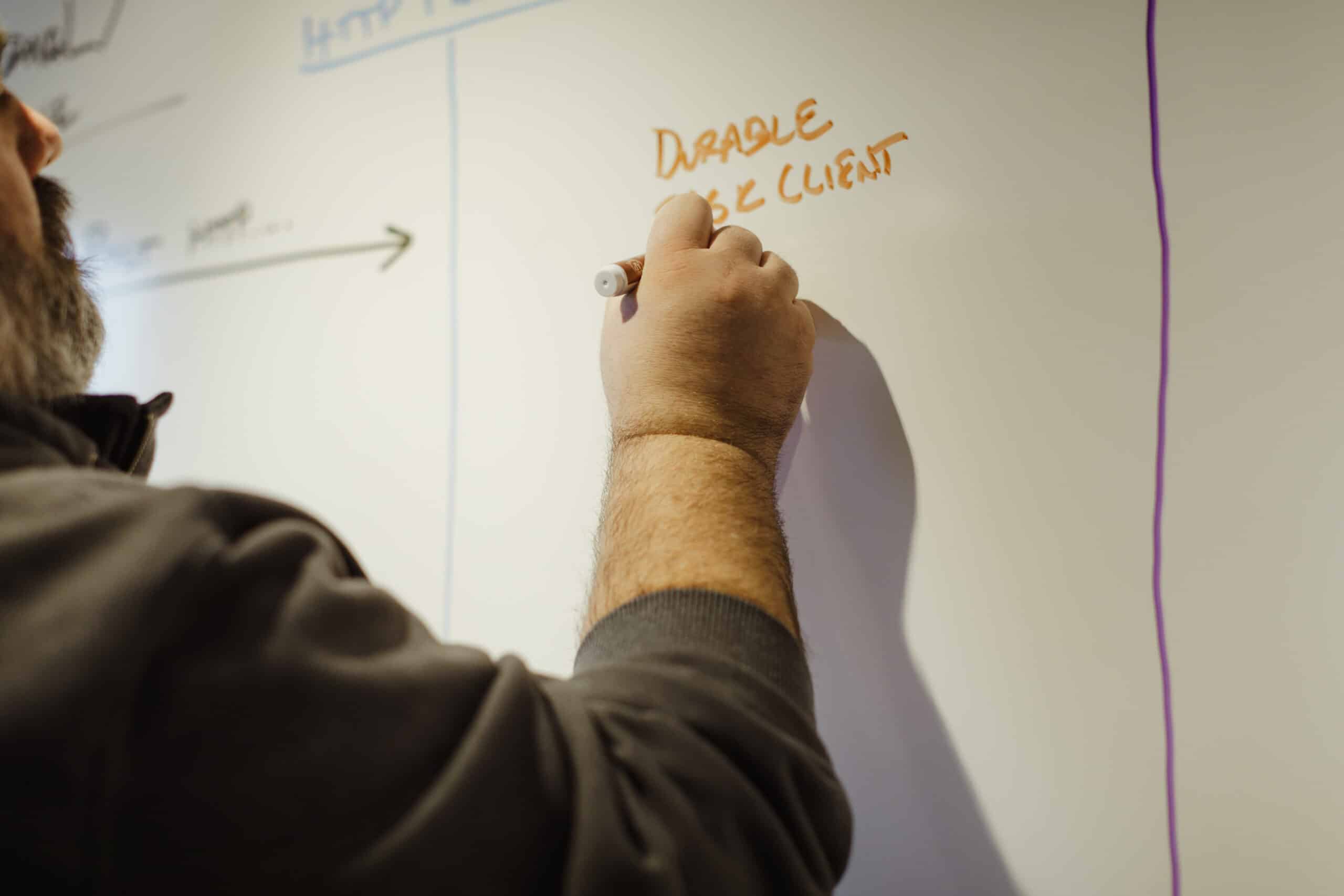 The author is pictured writing on a whiteboard. Article title: Why DurableTaskClient is Critical for Long-Running Azure Functions