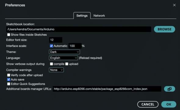 Arduino IDE preferences showing additional board manager URL