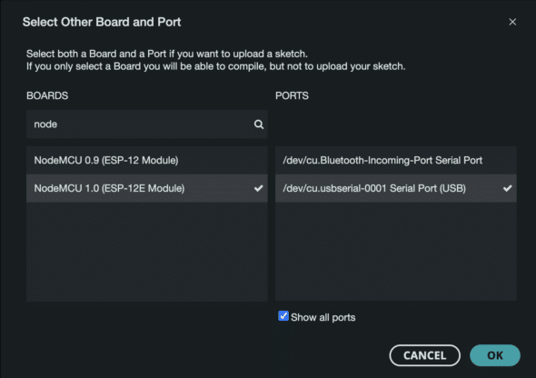 Arduino IDE board selection