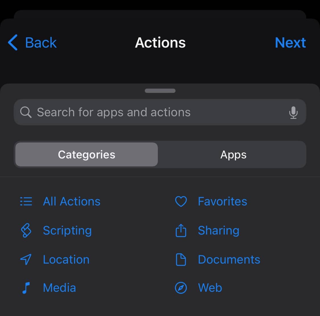 Screenshot of the action palette in Shortcuts.