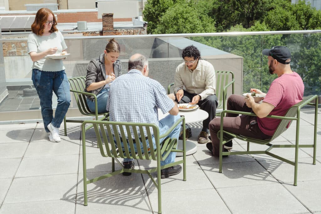 Pictured are employees from Atomic's Raleigh office. Post title: A Practical Guide to Networking Events (For People Who Hate Them)