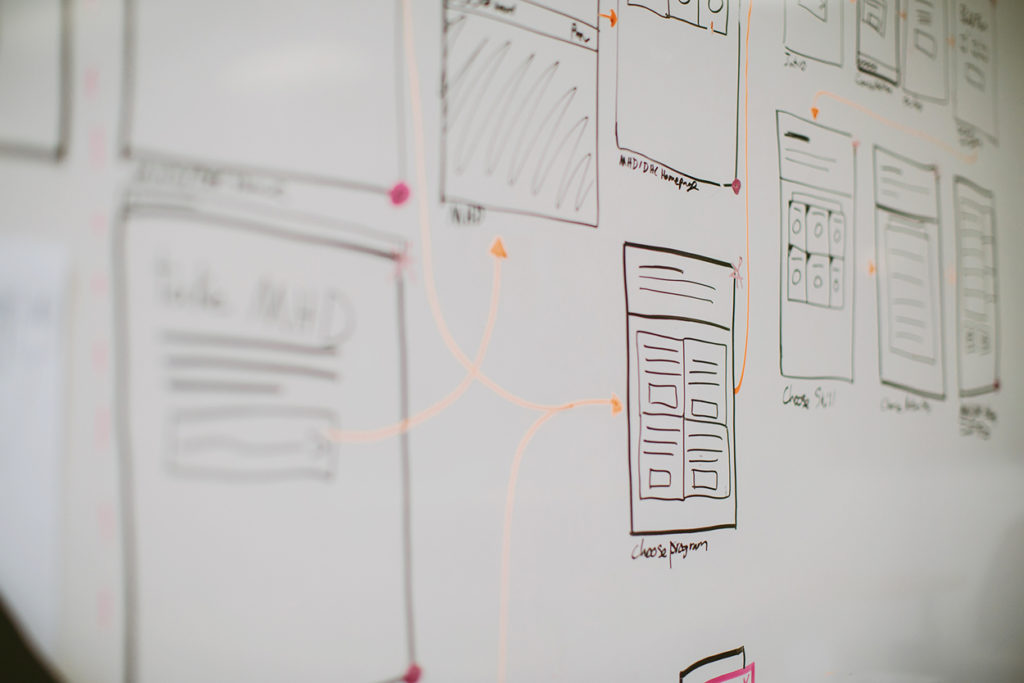 Wireframe drawings on a whiteboard from a software designer