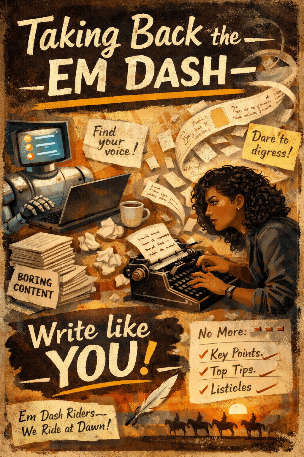 Image created by Chat GPt saying "Take Back the Em Dash"