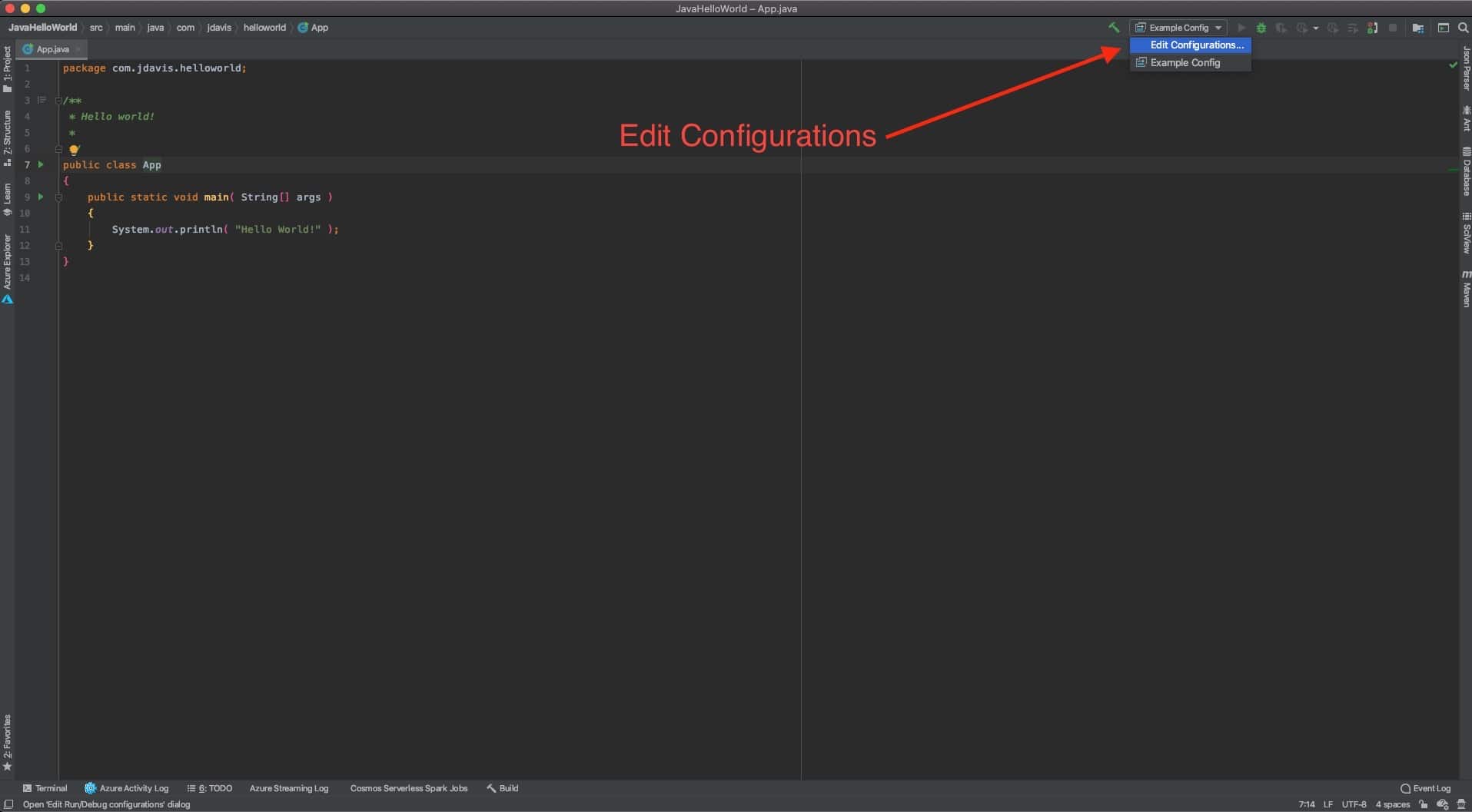 Image showing IntelliJ IDEA open with a Maven Project. In the top right of the editor, the Edit Configurations dialog is open with a red arrow pointing at it reading 'Edit Configurations'