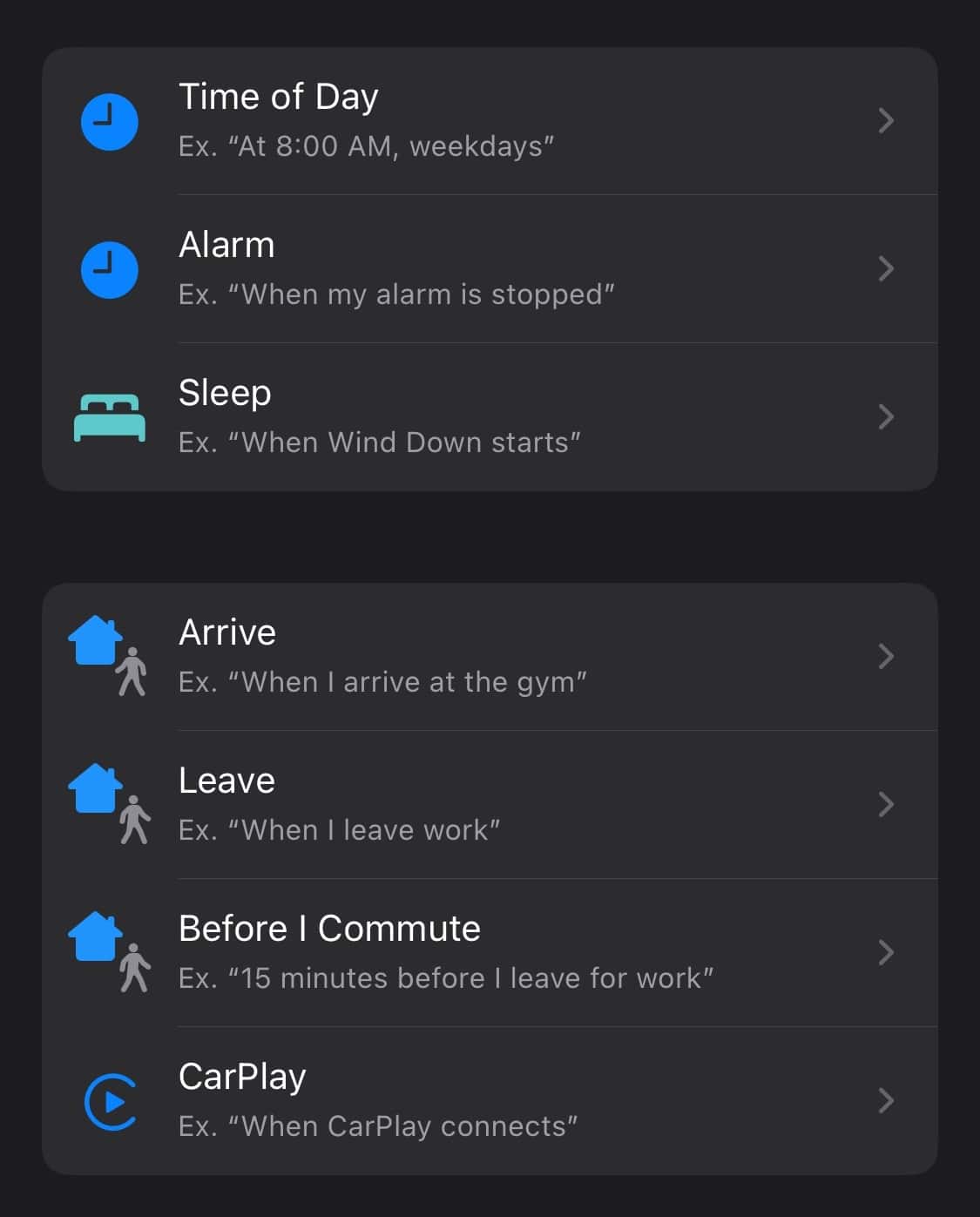 Screenshot of some of the automation triggers available in the Shortcuts app.