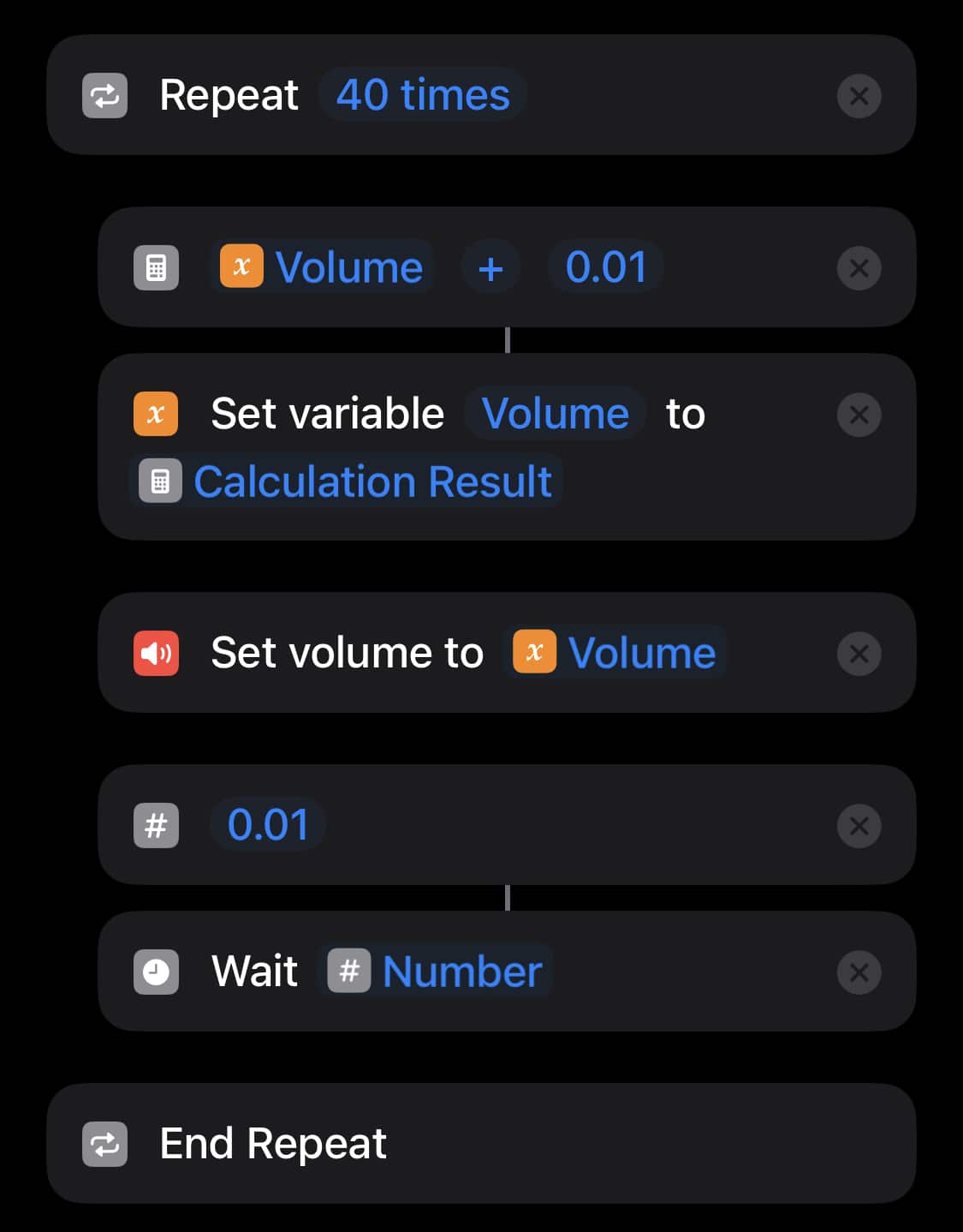 Screenshot of a loop that gradually increases the device volume.