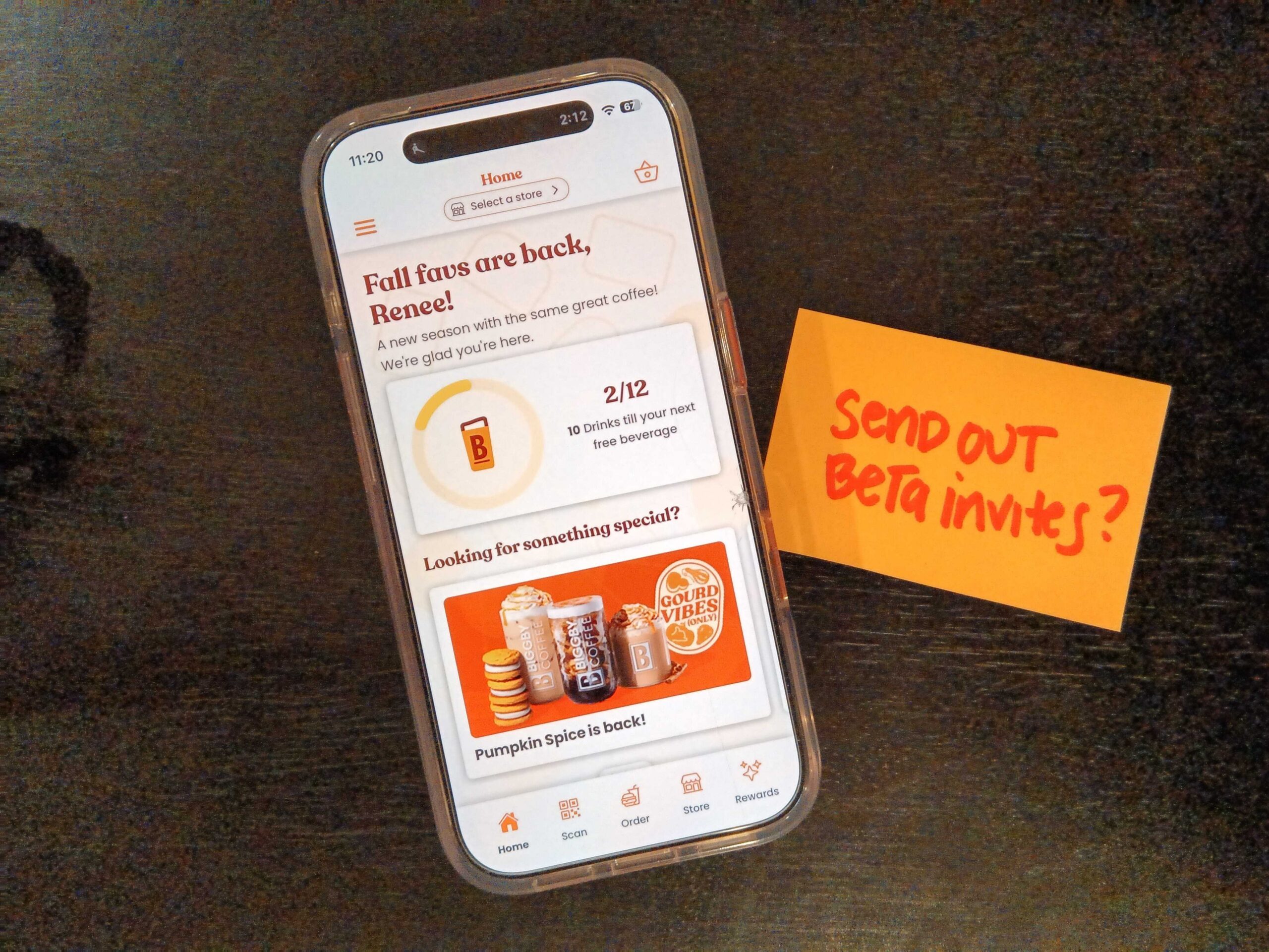 iPhone depicting BIGGBY mobile app with a to-do sticky note to send beta invites