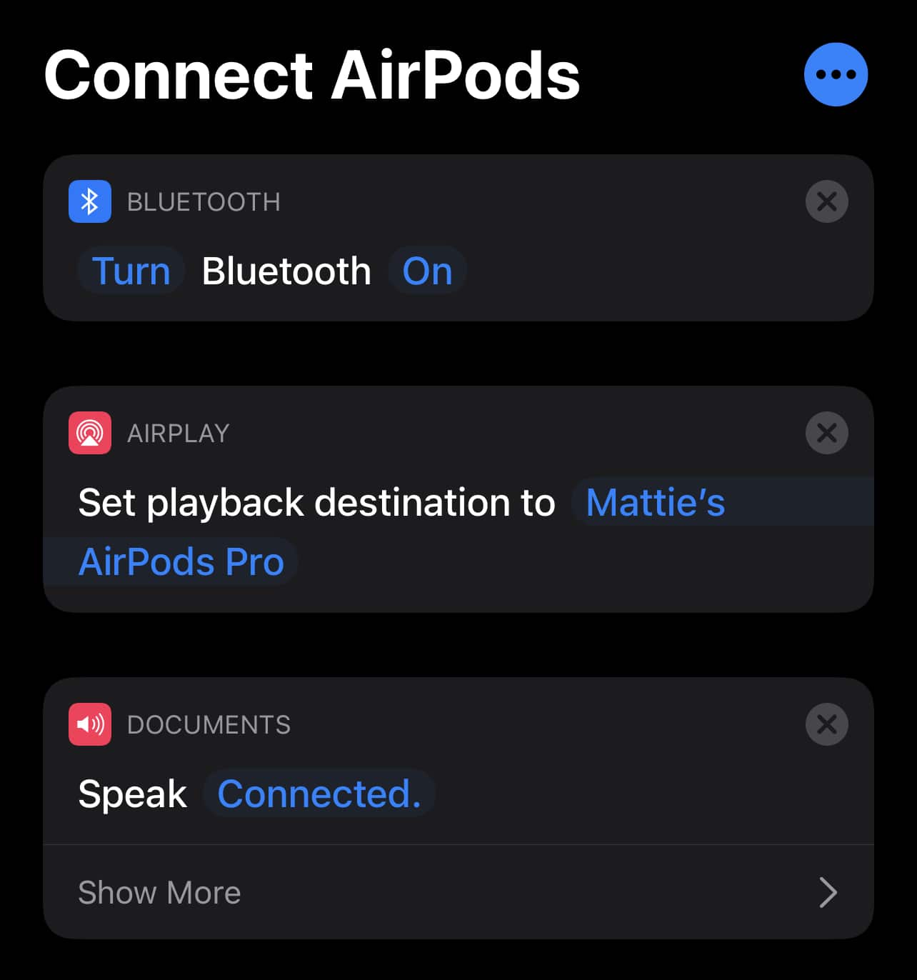 A screenshot of my "Connect AirPods" shortcut, described below.