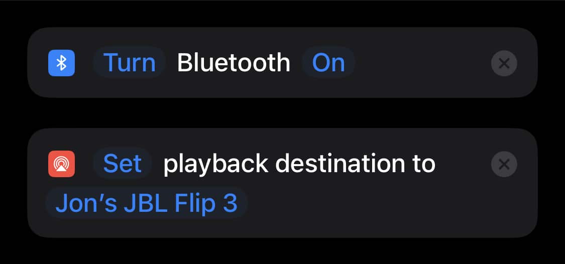 Screenshot of the "Set Bluetooth" and "Change Playback Destination" actions in Shortcuts.
