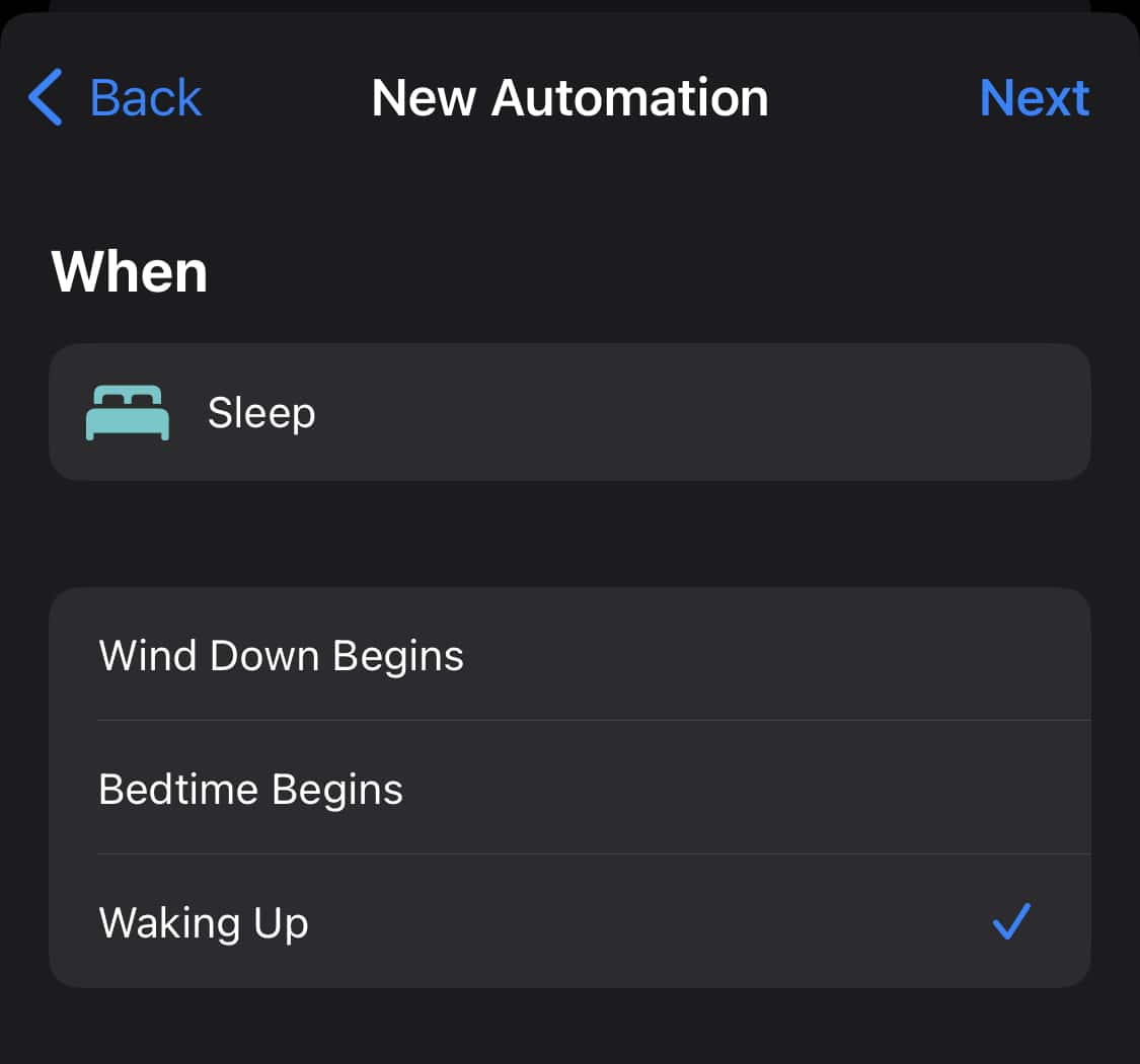 Screenshot of the Sleep automation trigger.