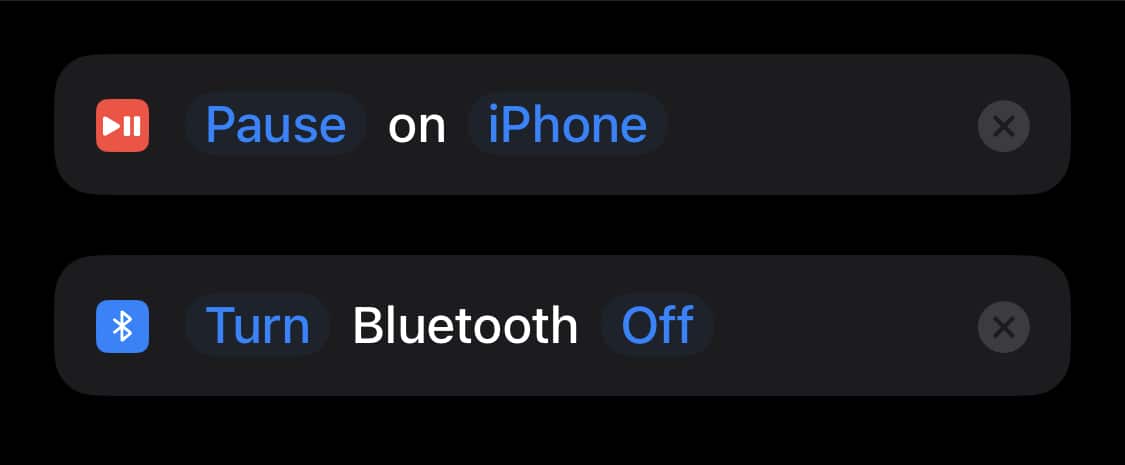 Screenshot of the "Play/Pause" and "Set Bluetooth" actions in Shortcuts.