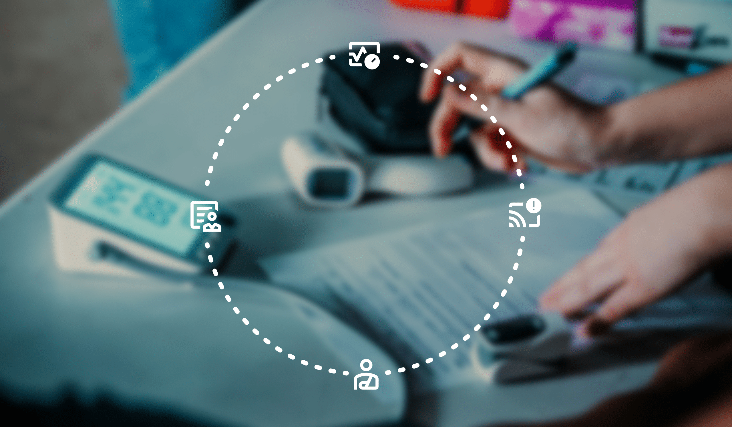 An Effective Healthcare IoT Project Requires a Different Approach: A slightly blurry background image of a person taking a reading off of medical device. There are icons of a doctor, a patient, a medical chart, and a wireless signal connected by a dotted circle.