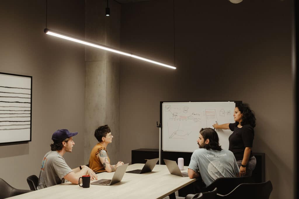 Group of software makers collaborating around a whiteboard