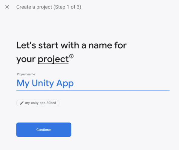 New Firebase project naming page.