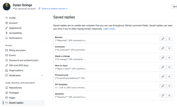 Use Github's Saved Replies to Supercharge Your Code Reviews