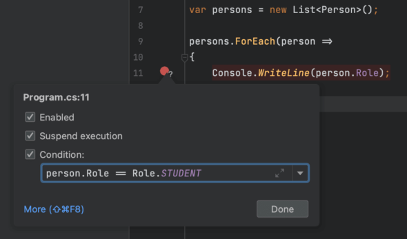 The conditional breakpoint and other great features in JetBrains Rider you may have missed