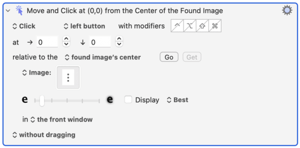 A Keyboard Maestro “Click at Found Image” action well with an image of three vertical dots.