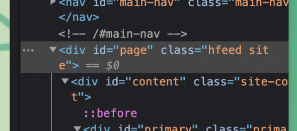 A focused area of the inspector. The highlight element is a div with an id of "page"