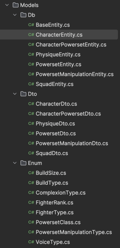 Screenshot of entities, database objects, and enums for the passion project