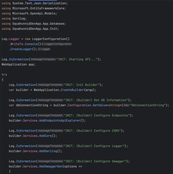 Screenshot of the Program.cs contents and its initialization process.
