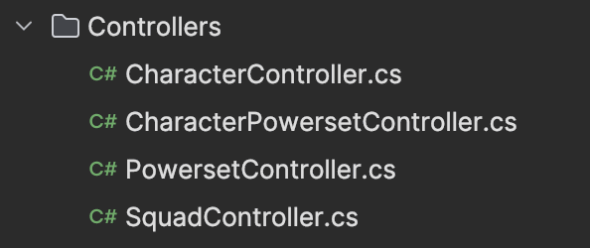 Screenshot of the controllers for the API for the passion project