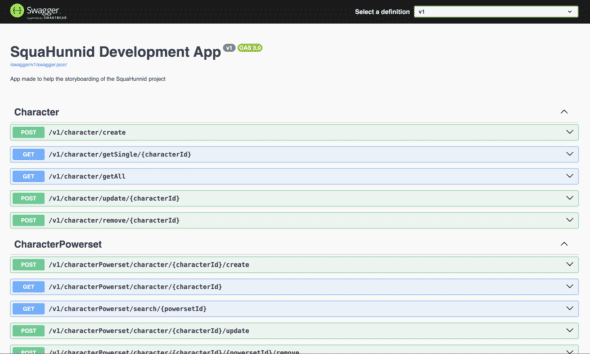 Screenshot of the Swagger interface running on the API for the passion project