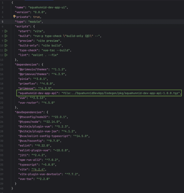 Screenshot of the package.json file on the UI for the passion project