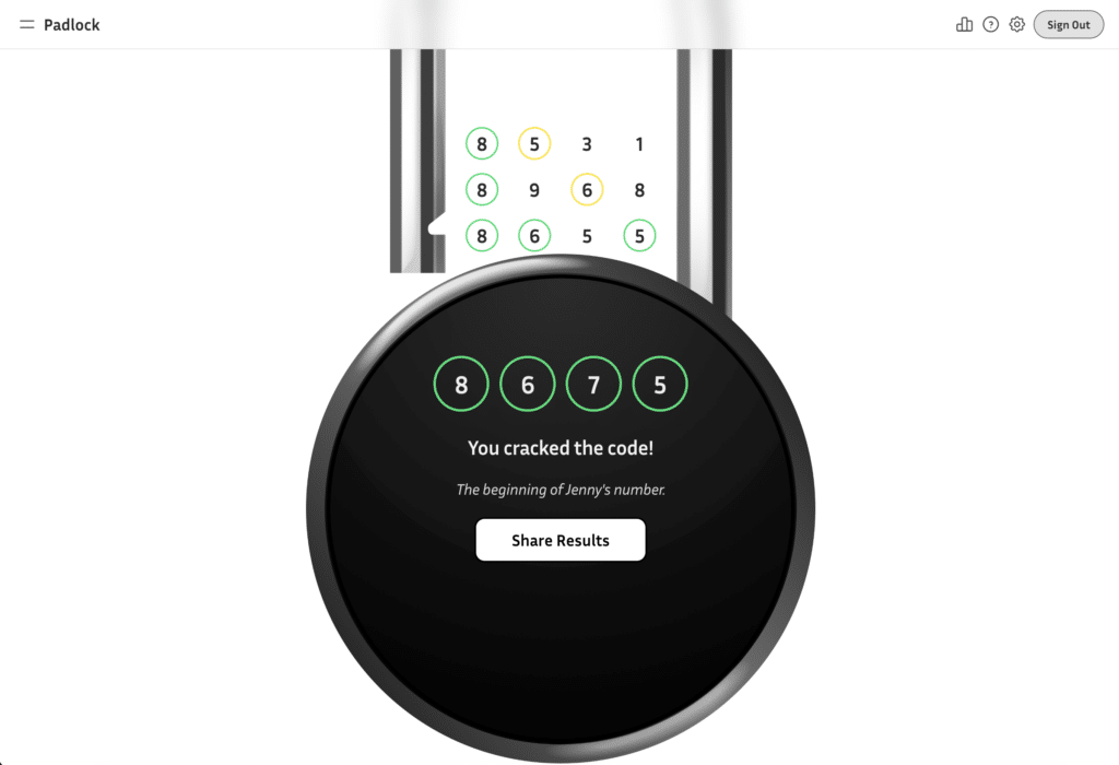 Image showing the success screen for completing the puzzle on Padlock