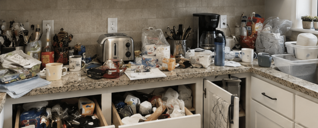 disorganized kitchen counter and cabinets, illustrating a post about UX design.