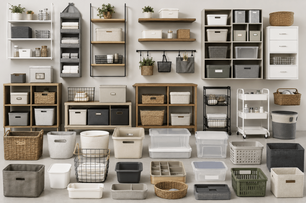 many containers and shelves for organization