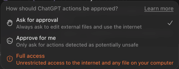 ChatGPT action approval setting selector