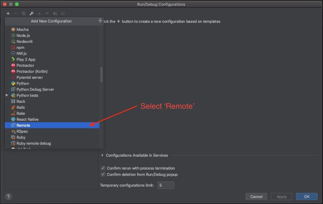 Image showing the dialog box in IntelliJ for creating a new run configuration. The 'Add new configuration' menu is open, and the 'Remote' option is highlighted.