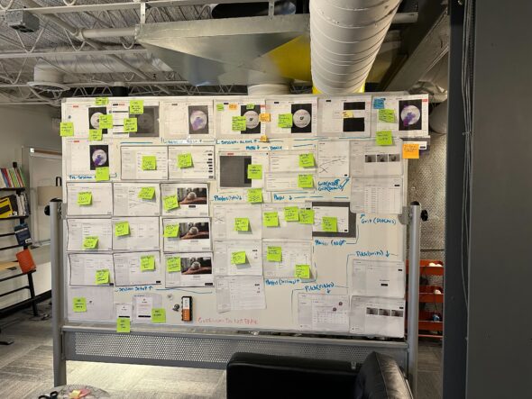 The same whiteboard as before however now mostly covered in green with a few blue, and orange sticky notes
