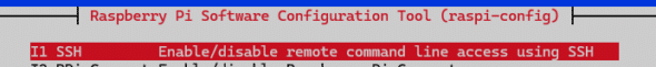 A screenshot of the Raspberry Pi Software Configuration Tool (raspi-config) showing the option "11 SSH", with a description stating "Enable/disable remote command line access using SSH". The option is highlighted in red, indicating it is currently selected.