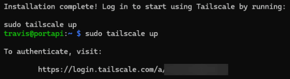 Terminal screenshot displaying a successful Tailscale installation message. The user travis@portapi:~$ runs the command sudo tailscale up. The output instructs the user to authenticate by visiting a unique URL at https://login.tailscale.com/a/ followed by a blurred token