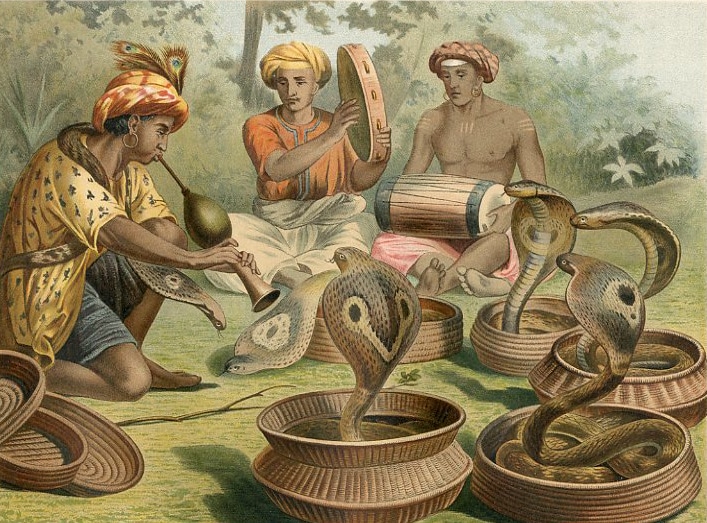 "Snakecharmers," a chromolithograph by Alfred Brehm, c.1883