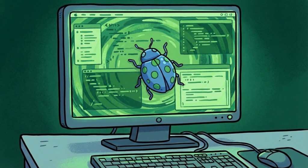 Cartoon image of a blue bug with green spots crawling over a screen with green background. Post title: Is It Blue, or Is It a Bug?