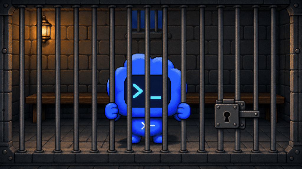 A blue Codex pet with a glowing command-line face grips closely spaced jail bars beside an iron lock in a lantern-lit stone cell.