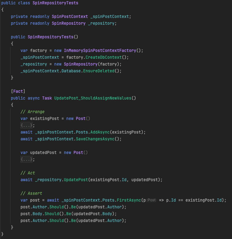 A unit test class designed to test the UpdatePost method of a class named SpinRepository.