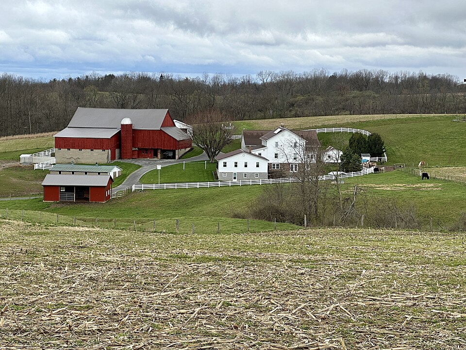 Pictured is an Amish Farmstead. Post title: 7 Leadership Lessons Learned from Farmers